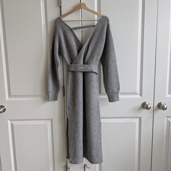 NWT Shein Frenchy Sweater Dress L Gray Chunky Knit Deep V Neck Side Slits Comfy - Picture 6 of 10